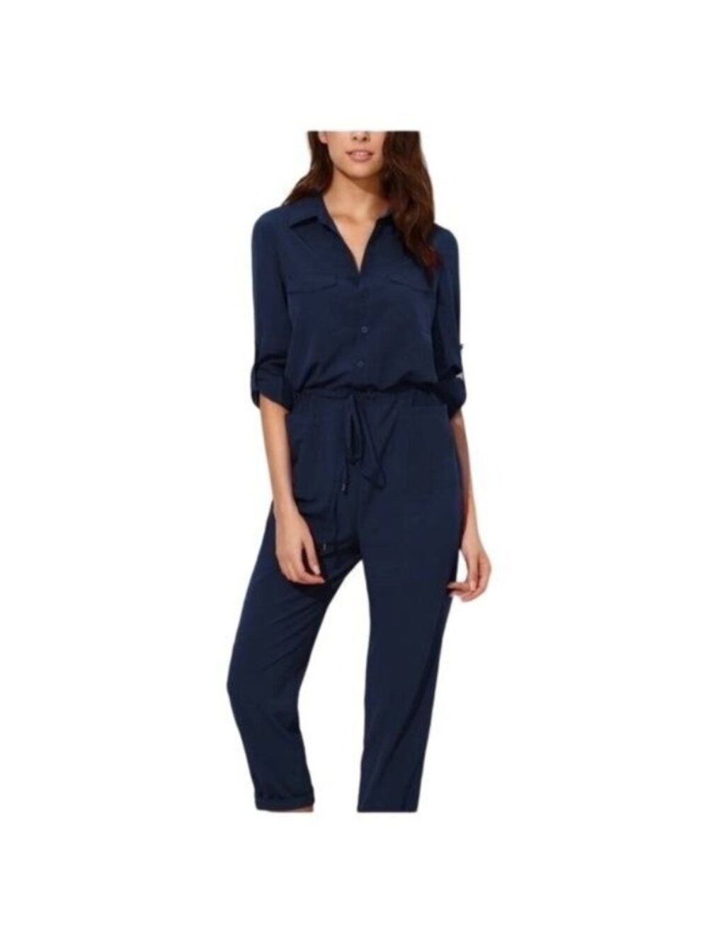 Hello Nite Navy Blue Lightweight Jumpsuit W/ Button Front